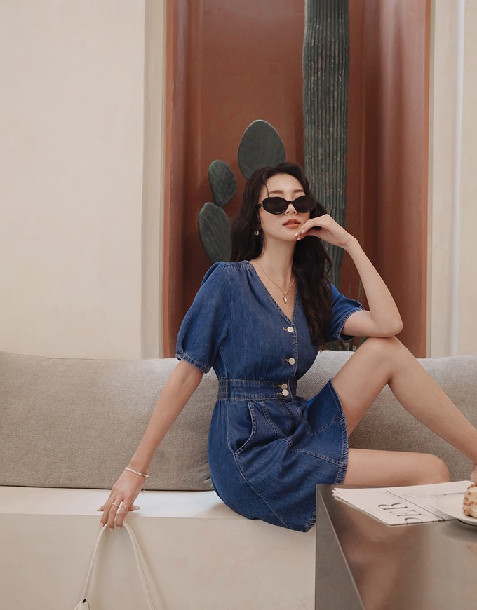 【Den!m LITE】Denim Dress Short Sleeves High Waisted Jeans Mini Dress