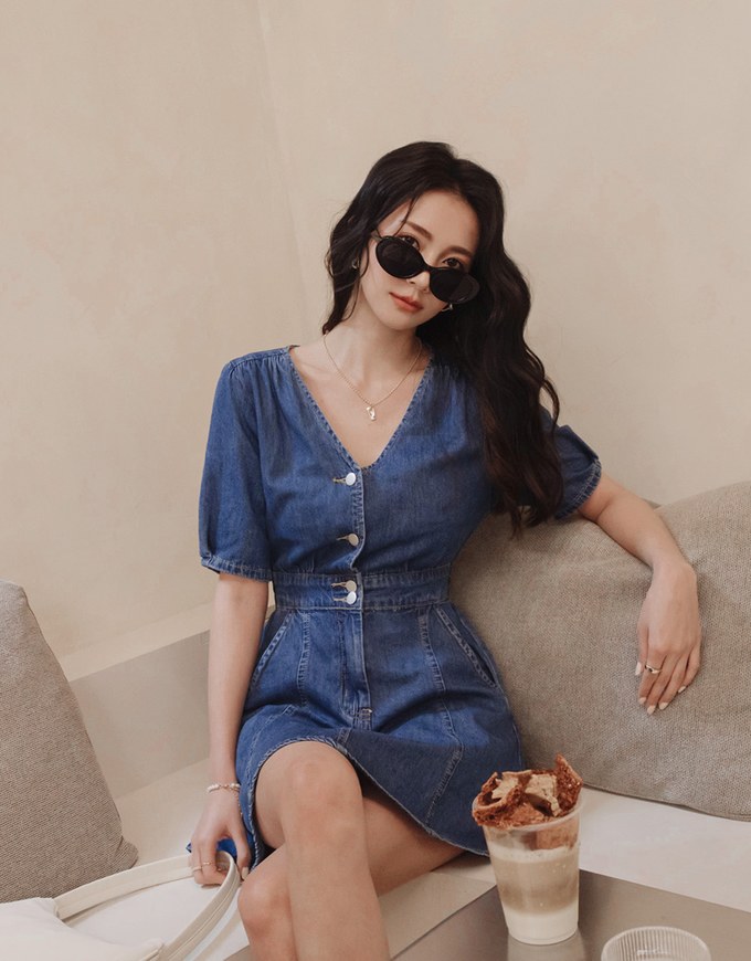 【Den!m LITE】Denim Dress Short Sleeves High Waisted Jeans Mini Dress