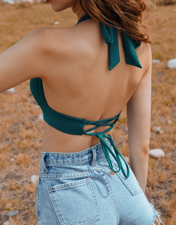 【PUSH UP】Cropped Corset Bikini Top With Bra Padded