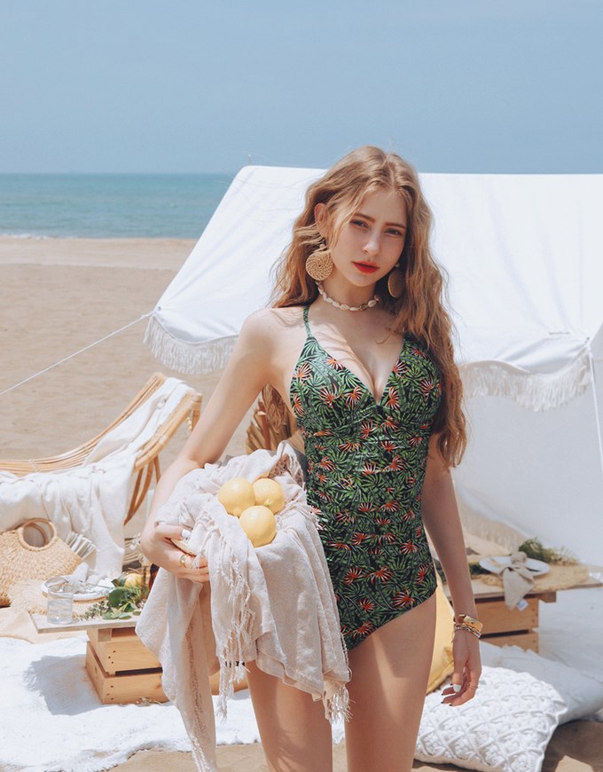 【SLIMMING】Printed Crossback Waist Trainer Sculpting Swimsuit Push Up Bra Padded
