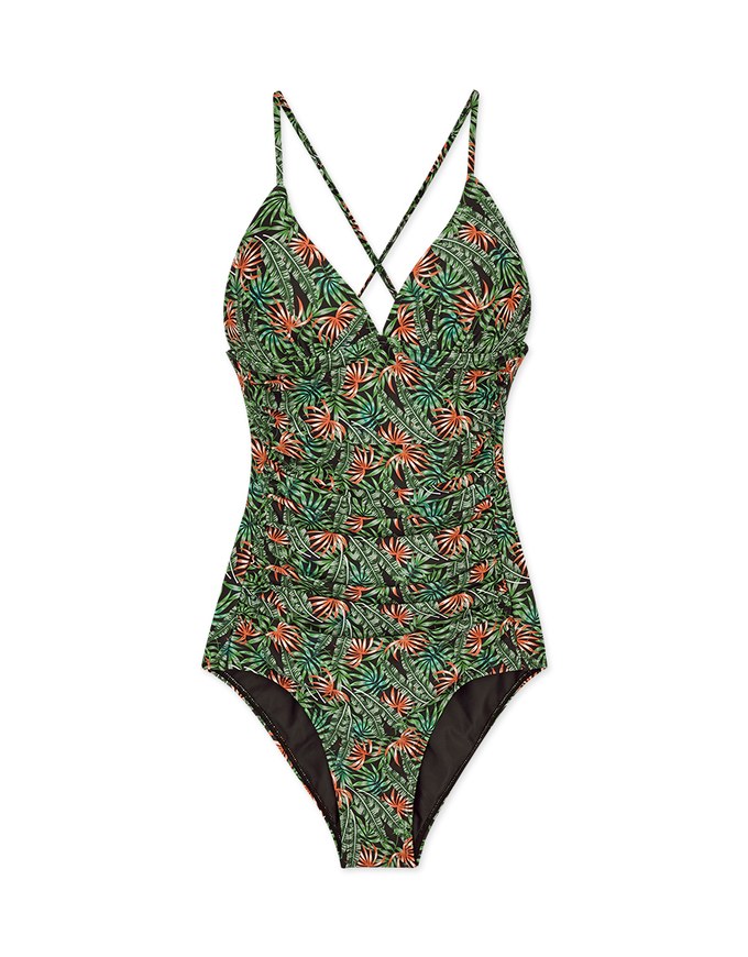 【SLIMMING】Printed Crossback Waist Trainer Sculpting Swimsuit Push Up Bra Padded