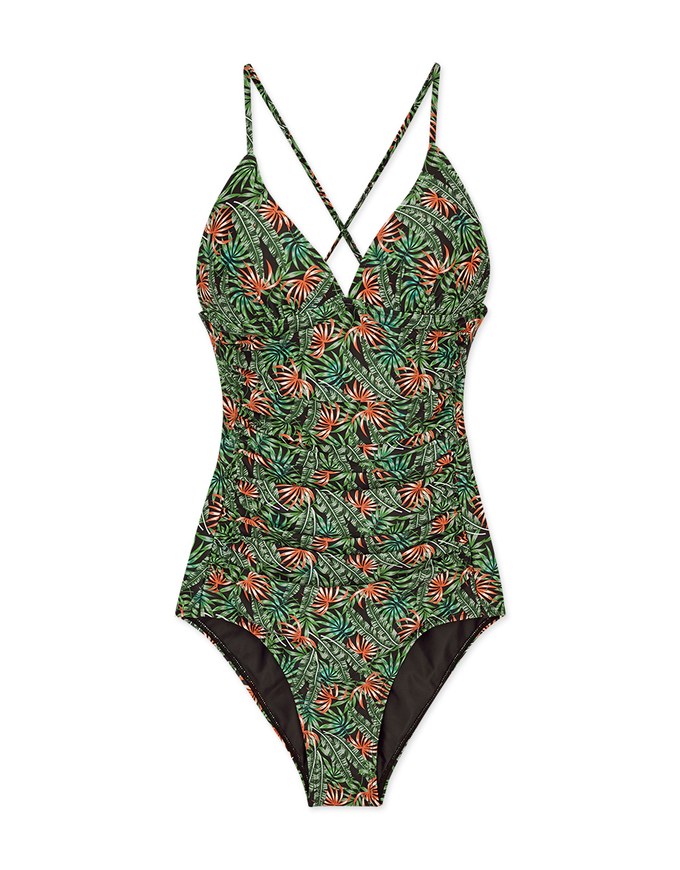 【EXTRA BODICE LENGTH】Tall Girl-Printed Crossback Waist Trainer Sculpting Swimsuit Push Up Bra Padded