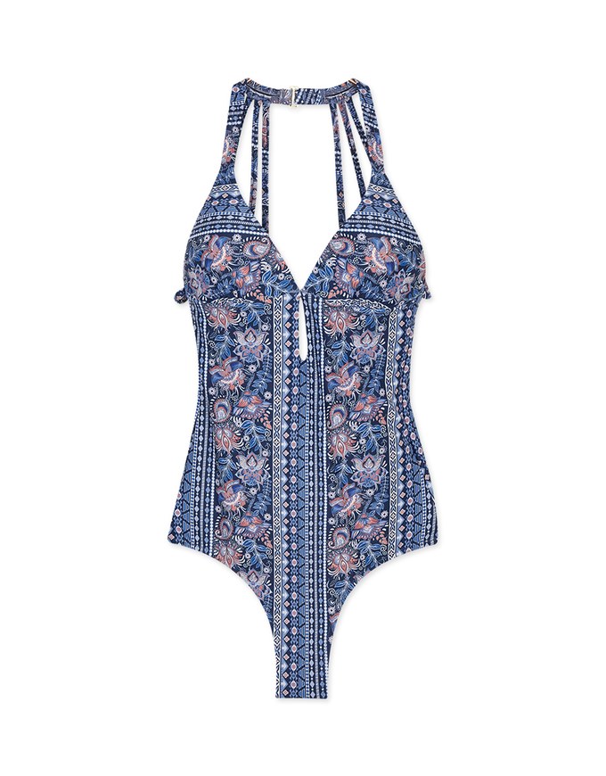 Printed Halter Hollow Waist Trainer Sculpting Swimsuit (Thick Padded)