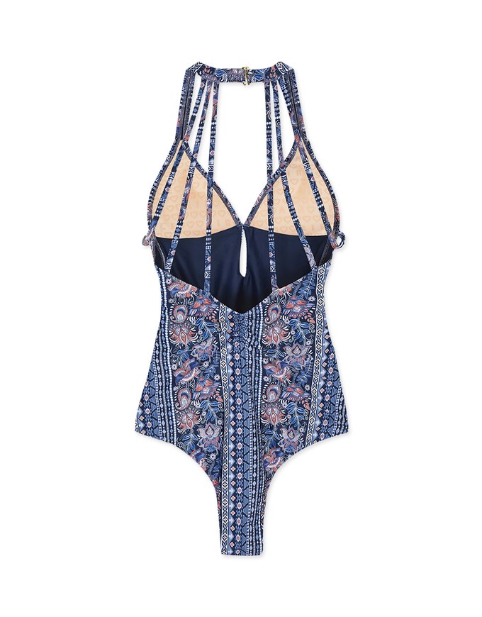 Printed Halter Hollow Waist Trainer Sculpting Swimsuit (Thick Padded)