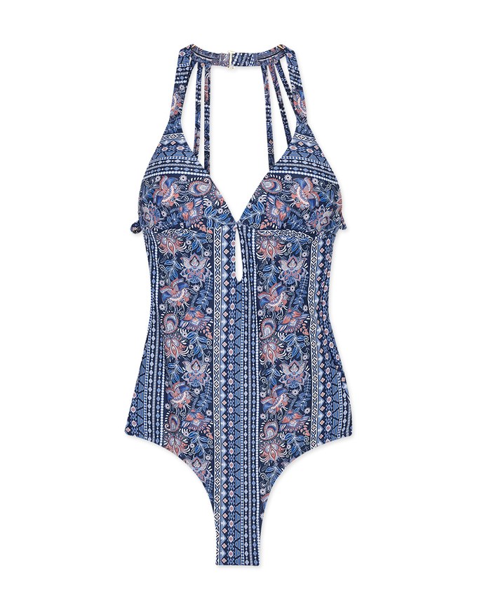 【EXTRA BODICE LENGTH】Tall Girl-Printed Halter Hollow Waist Trainer Sculpting Swimsuit Push Up Bra Padded