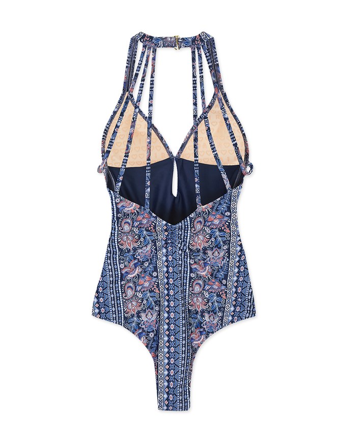 【EXTRA BODICE LENGTH】Tall Girl-Printed Halter Hollow Waist Trainer Sculpting Swimsuit Push Up Bra Padded