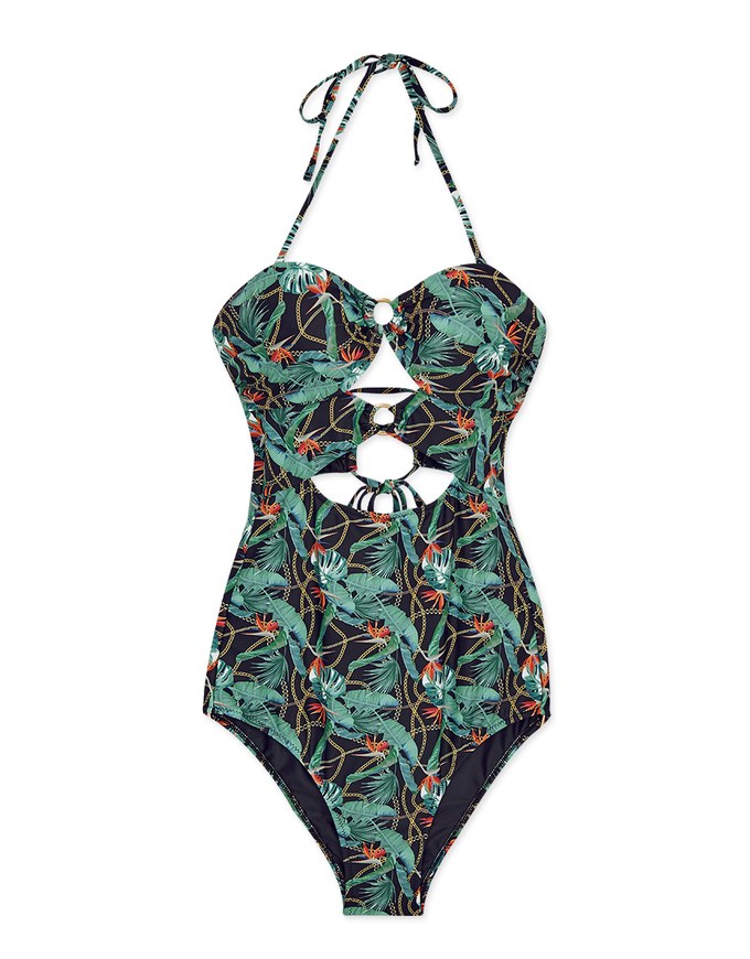 【PUSH UP 】2Way Printed Hollow Out Bandeau One-Piece Swimsuit Push Up Bra Padded