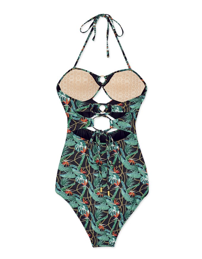 【PUSH UP 】2Way Printed Hollow Out Bandeau One-Piece Swimsuit Push Up Bra Padded