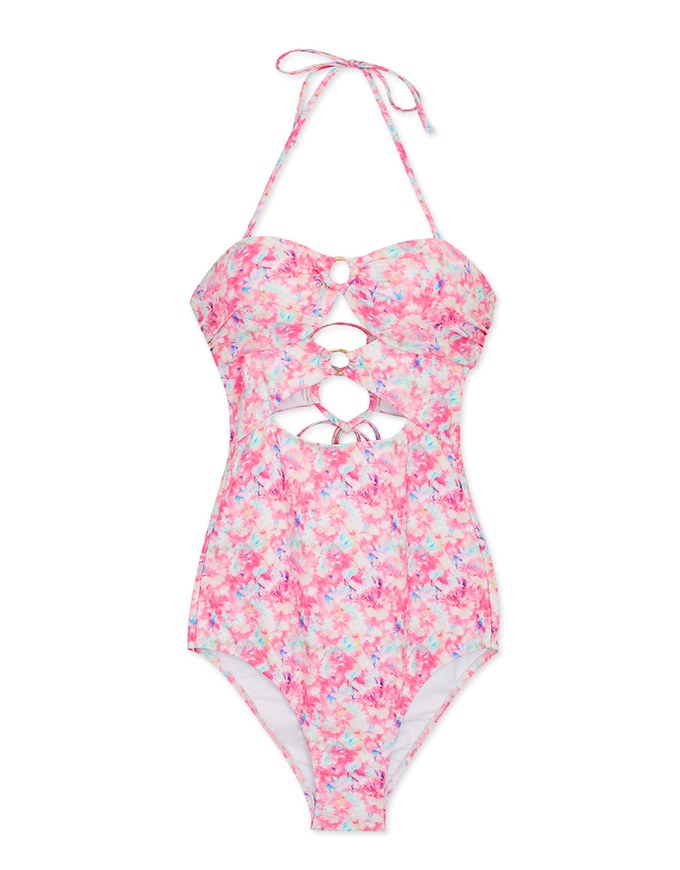 【PUSH UP 】2Way Printed Hollow Out Bandeau One-Piece Swimsuit Push Up Bra Padded