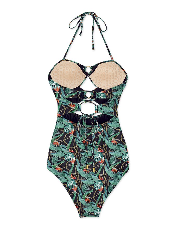 【EXTRA BODICE LENGTH 】Tall Girl-2Way Printed Hollow Out Bandeau One-Piece Swimsuit Push Up Bra Padded