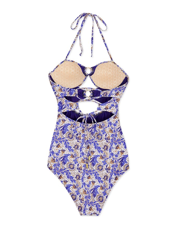 【EXTRA BODICE LENGTH 】Tall Girl-2Way Printed Hollow Out Bandeau One-Piece Swimsuit Push Up Bra Padded