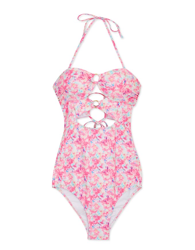【EXTRA BODICE LENGTH 】Tall Girl-2Way Printed Hollow Out Bandeau One-Piece Swimsuit Push Up Bra Padded