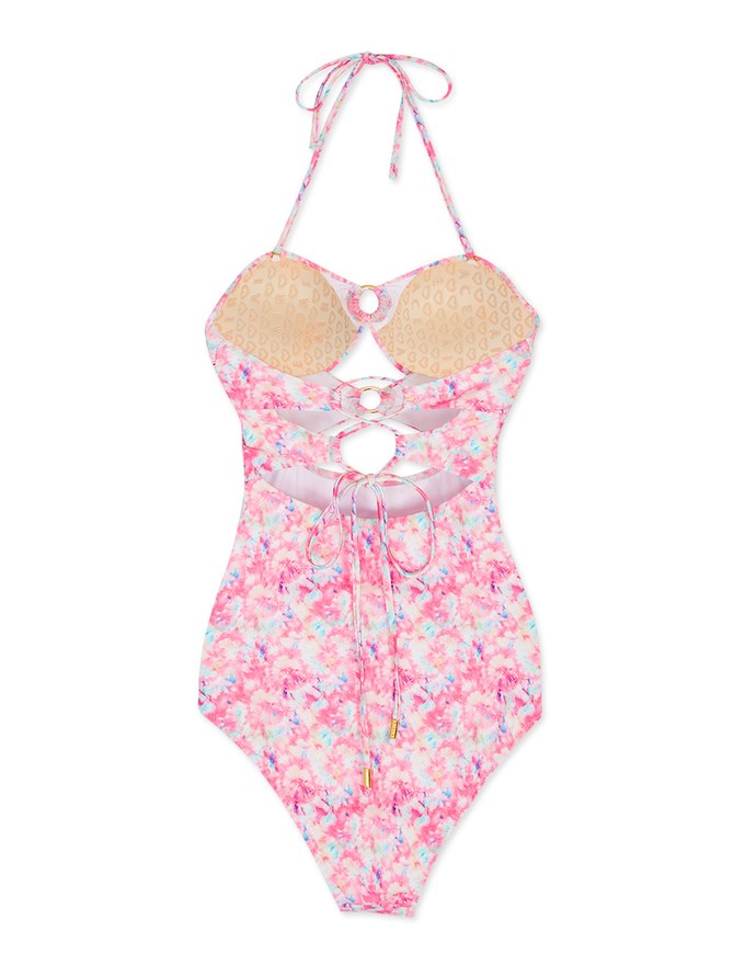 【EXTRA BODICE LENGTH 】Tall Girl-2Way Printed Hollow Out Bandeau One-Piece Swimsuit Push Up Bra Padded