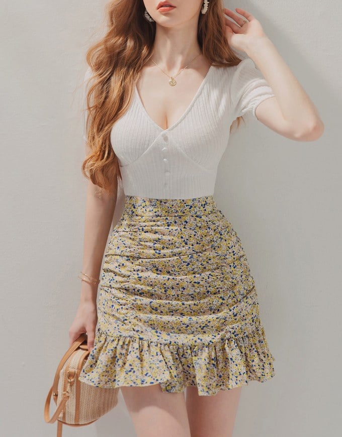 Floral Ruffle Mini Draped Skort