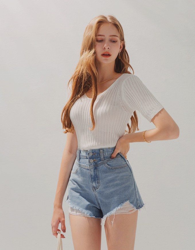 High Waisted Ripped Denim Jeans Short
