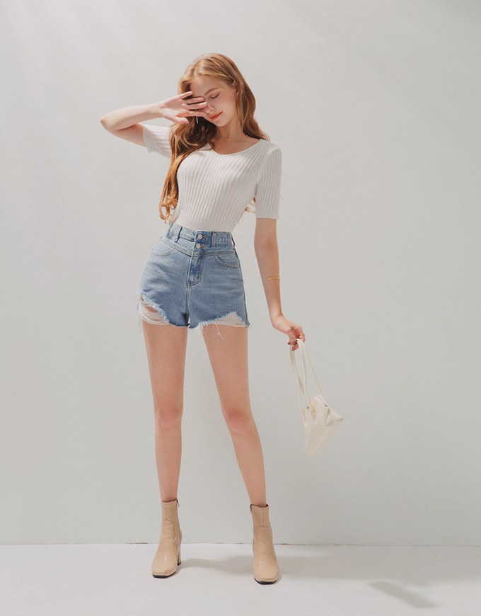 High Waisted Ripped Denim Jeans Short