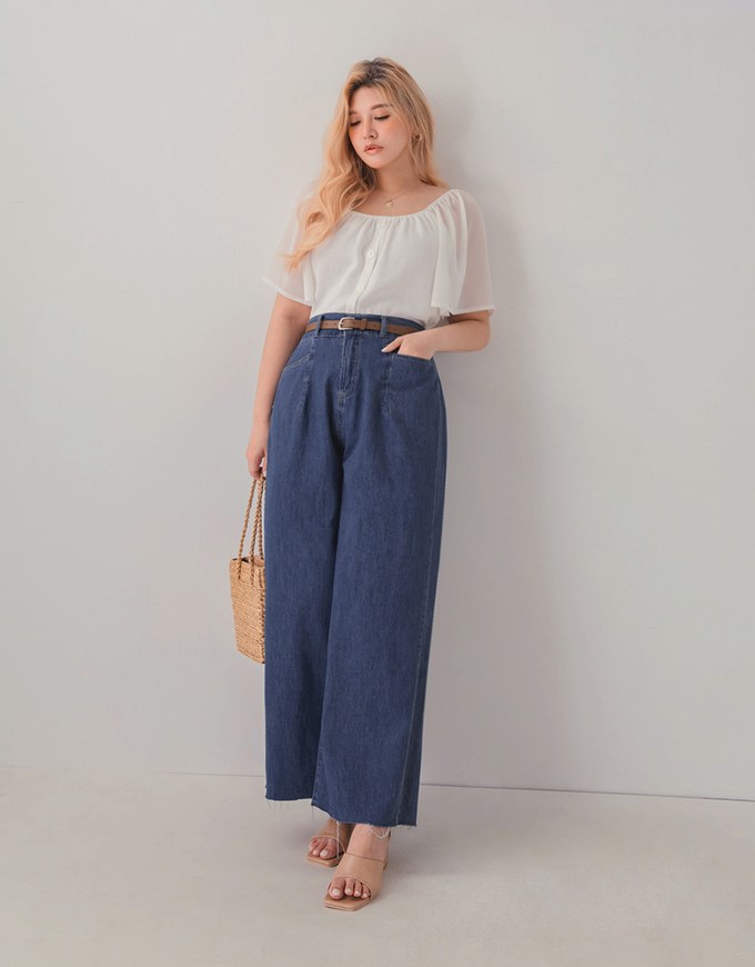 Casual Diagonal Denim Jeans Flare Pants (With belt)