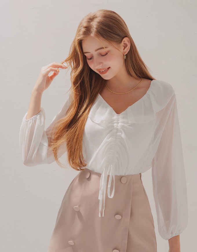 Ruffle Drawstring Two-Piece Style Sheer Top