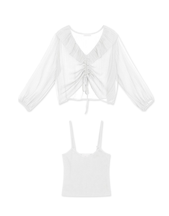 Ruffle Drawstring Two-Piece Style Sheer Top