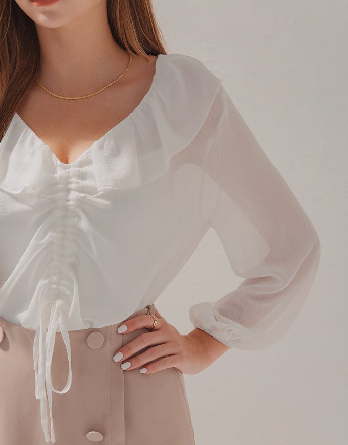 Ruffle Drawstring Two-Piece Style Sheer Top