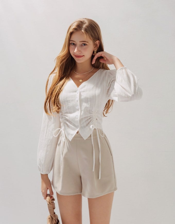 Simple Plain Dual-Drawstring Buttoned Top