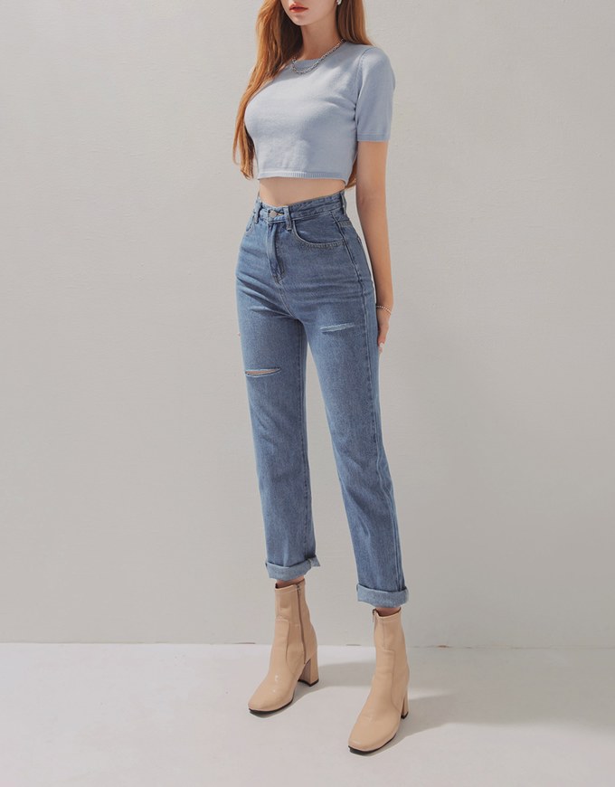 Voguish Ripped Straight-Leg Denim Jeans Pants