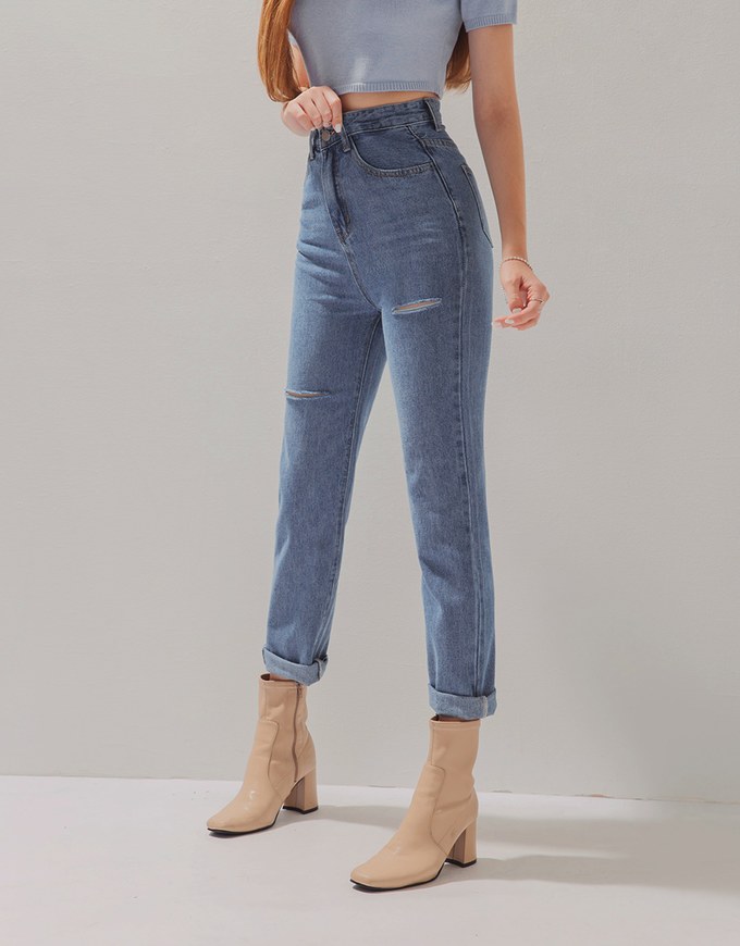 Voguish Ripped Straight-Leg Denim Jeans Pants