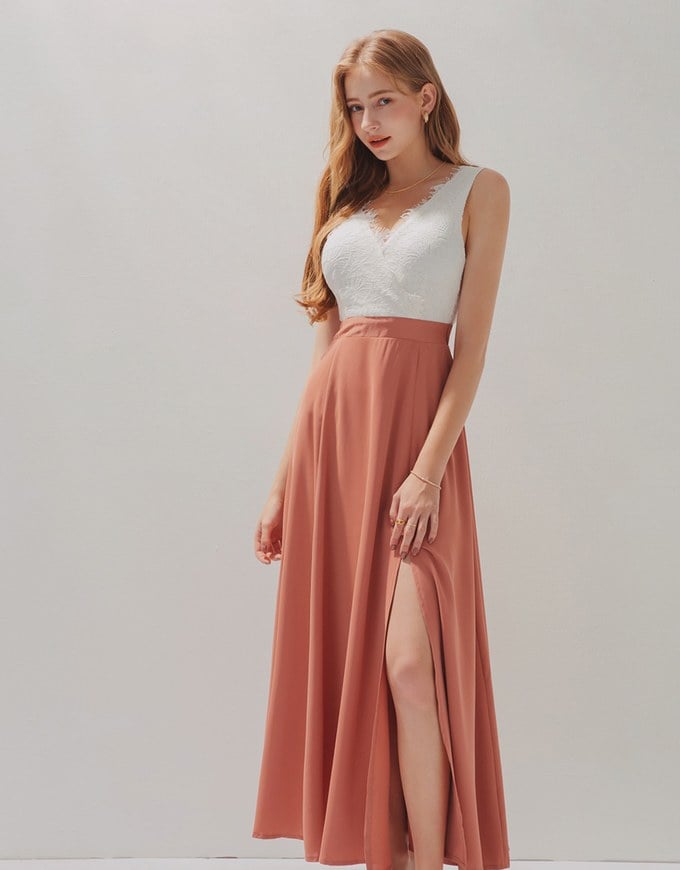 Embroidered Lace Trim Splice Maxi Dress