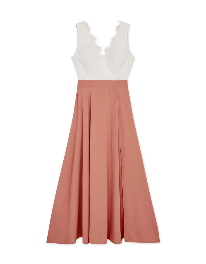 Embroidered Lace Trim Splice Maxi Dress