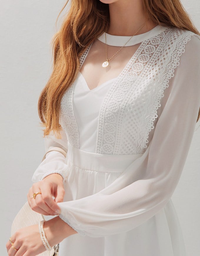 Delicate Lace Trim Splice Sheer Mini Dress