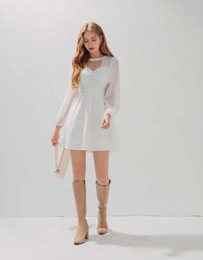 Delicate Lace Trim Splice Sheer Mini Dress
