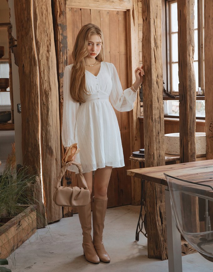 Soigné Feather Trim Buttoned Mini Dress