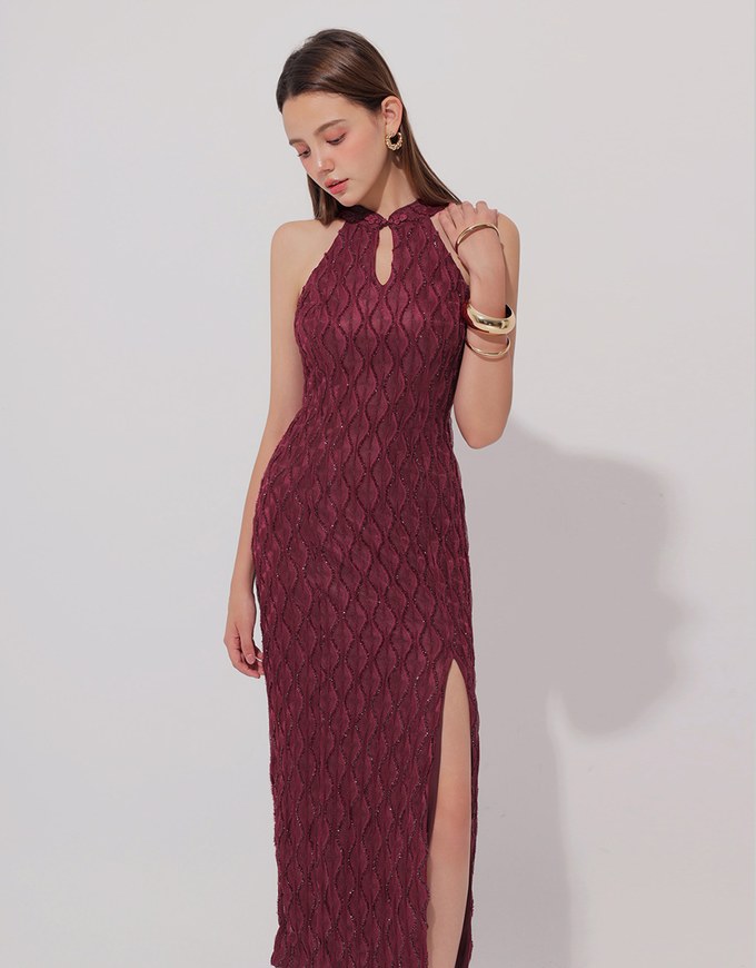 Qipao DRESS Mermaid Fabric Halter Neck Cheongsam Maxi Midi Dress