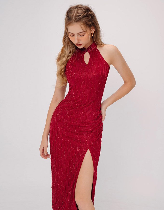 Qipao DRESS Mermaid Fabric Halter Neck Cheongsam Maxi Midi Dress