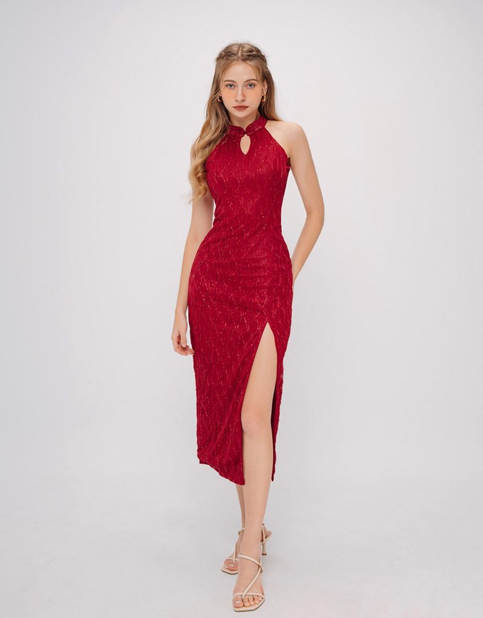Qipao DRESS Mermaid Fabric Halter Neck Cheongsam Maxi Midi Dress