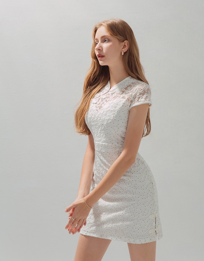 Qipao DRESS With Side Slit Lace Mini Exclusive Design Cheongsam