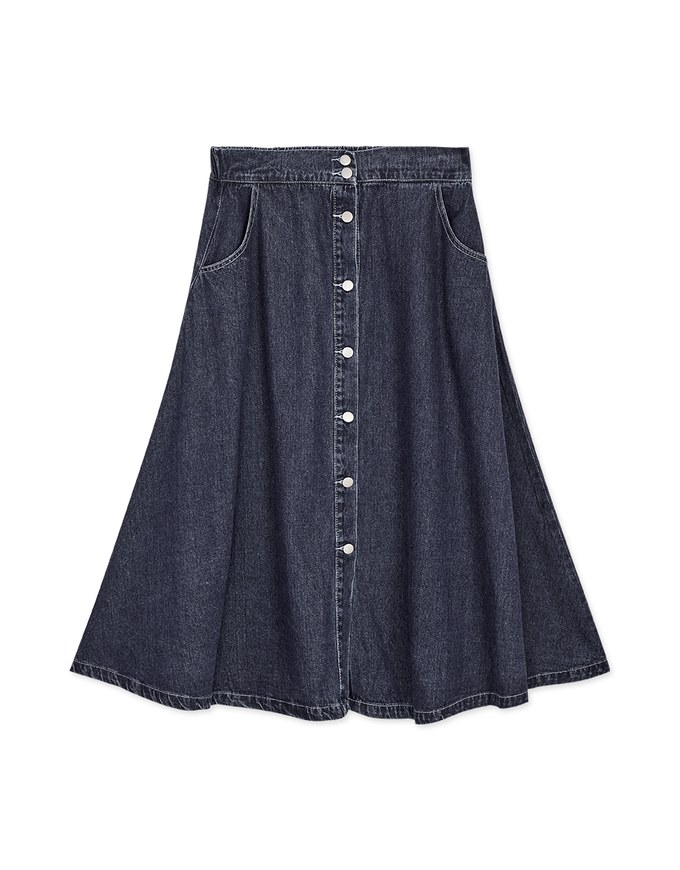 A-Line Buttoned Demin Midi Skirt