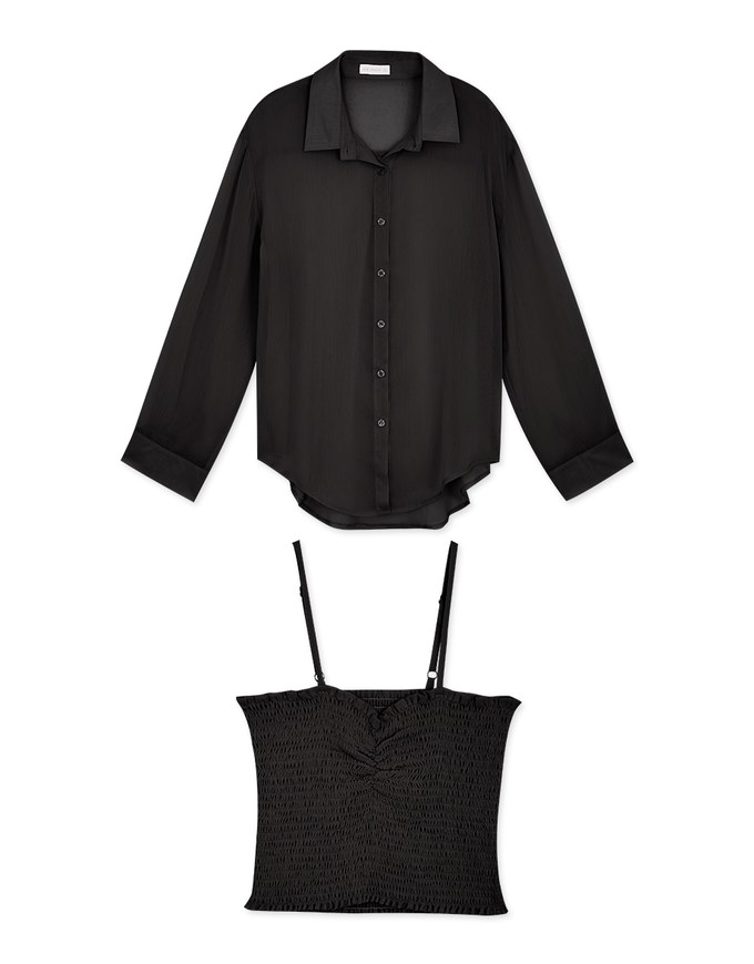 Smocked Cami Top & Semi-Sheer Blouse Shirt Set Wear