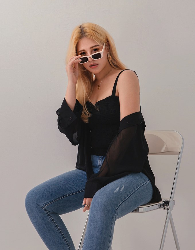 Smocked Cami Top & Semi-Sheer Blouse Shirt Set Wear