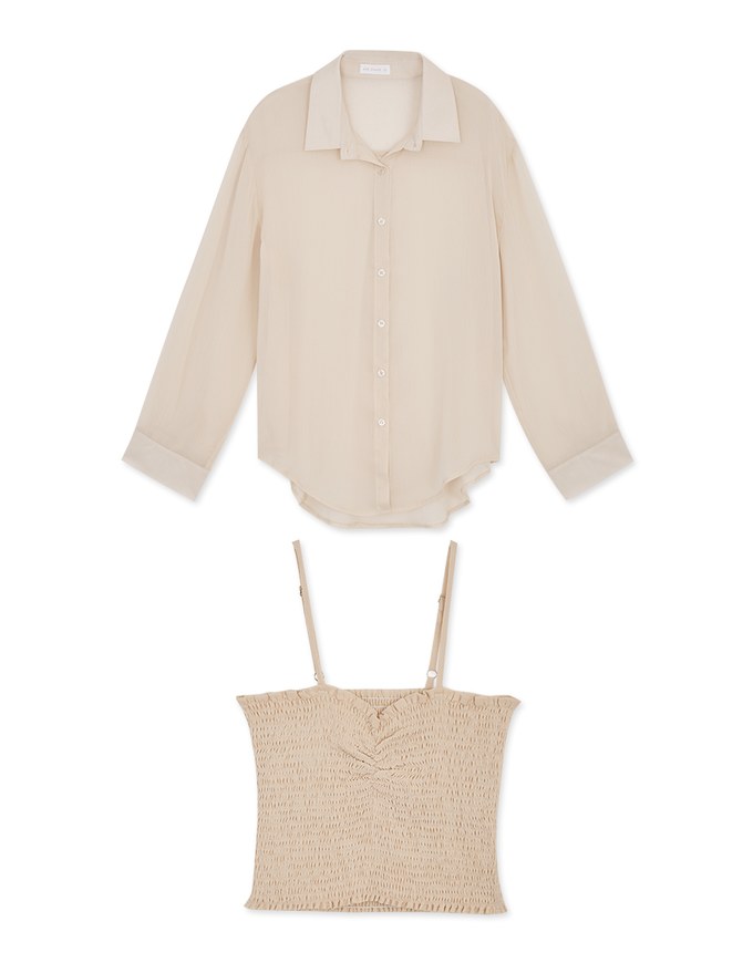 Smocked Cami Top & Semi-Sheer Blouse Shirt Set Wear
