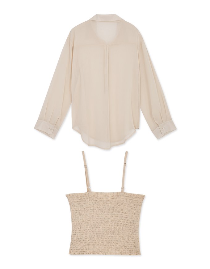 Smocked Cami Top & Semi-Sheer Blouse Shirt Set Wear
