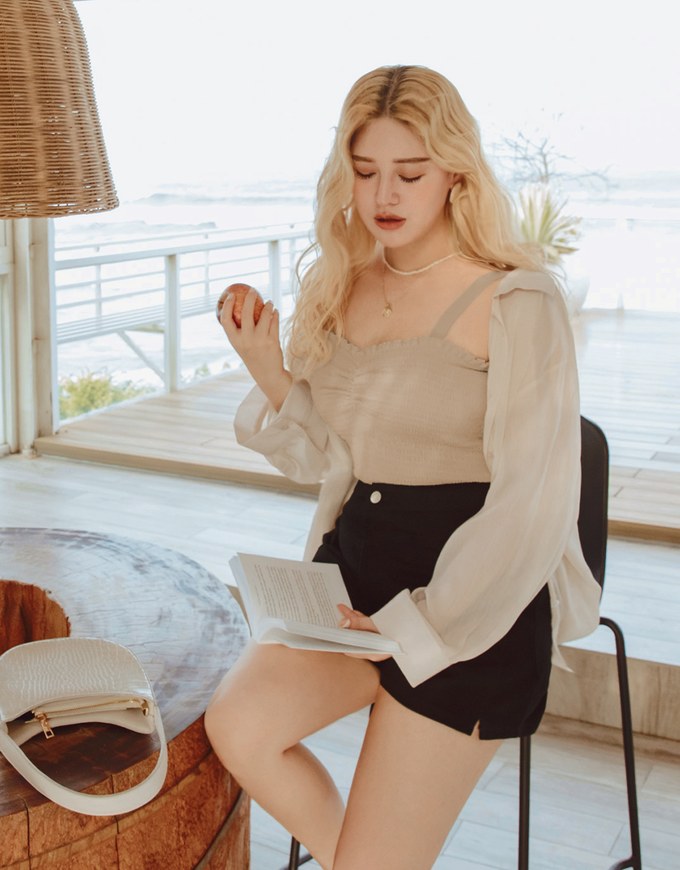 Smocked Cami Top & Semi-Sheer Blouse Shirt Set Wear