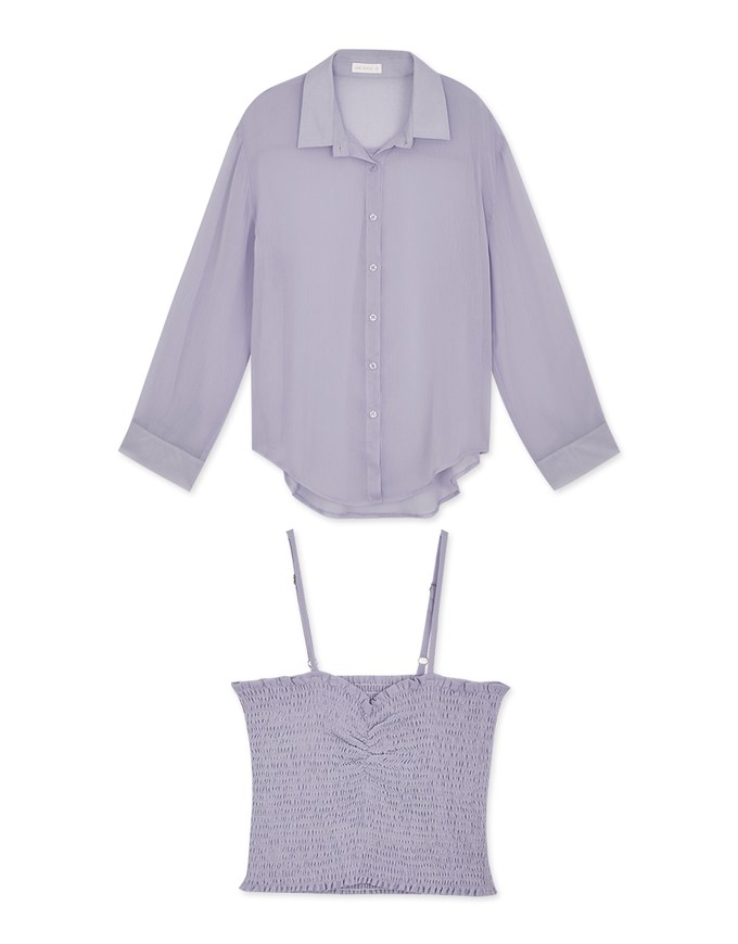 Smocked Cami Top & Semi-Sheer Blouse Shirt Set Wear