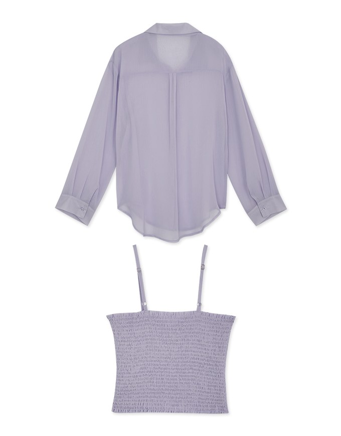 Smocked Cami Top & Semi-Sheer Blouse Shirt Set Wear