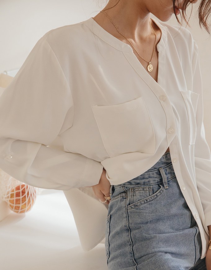 Textured Anti-Wrinkle Iron Free Collarless Blouse Shirt