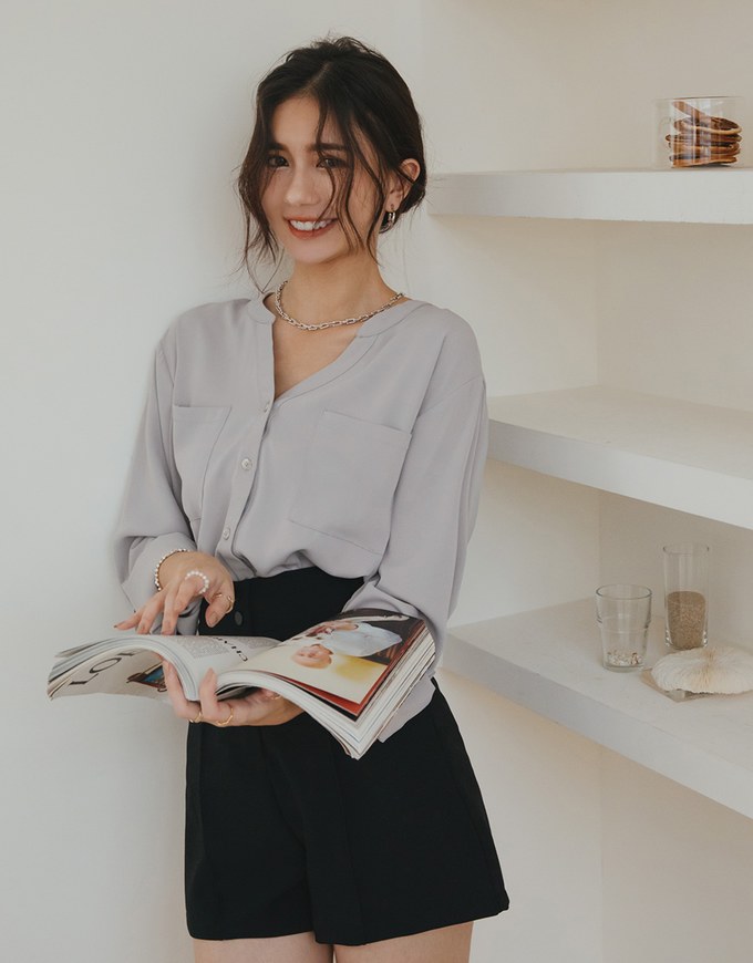 Textured Anti-Wrinkle Iron Free Collarless Blouse Shirt