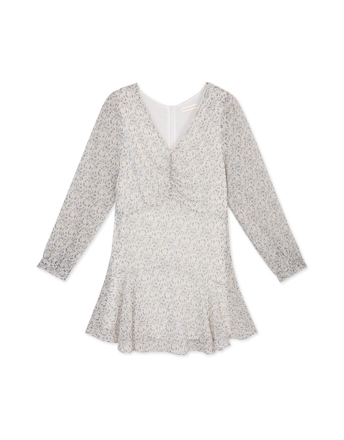 Dainty Printed Front-Ruched Ruffle Mini Dress (With Detechable Shoulder Pads)