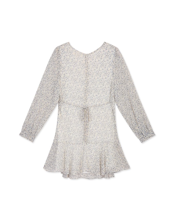 Dainty Printed Front-Ruched Ruffle Mini Dress (With Detechable Shoulder Pads)
