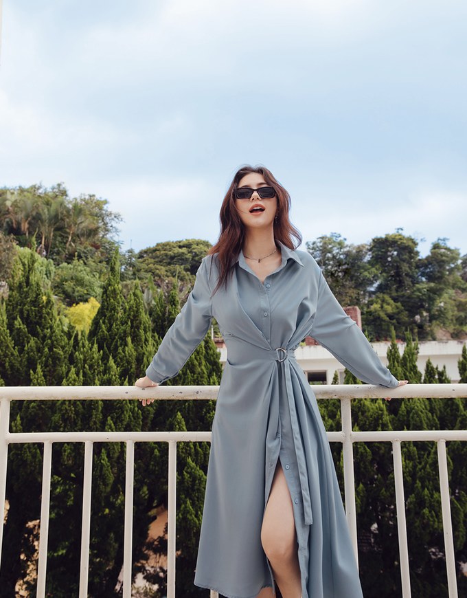 Soigné Dual-Loop Belted Midi Shirt Dress