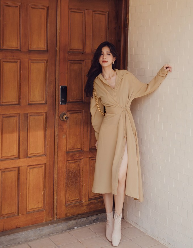 Soigné Dual-Loop Belted Midi Shirt Dress